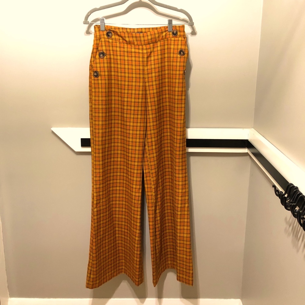 ModCloth, 70s retro plaid camel wide leg pants